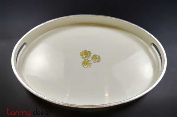White oval lacquer tray hand-painted with 3 peach blossoms 28*40 cm 